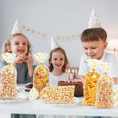 DIYASY 180 Pcs Gold Star Cellophane Treat Bags, 5 X 11 Inches Plastic Star Printed Candy Gift Bag Clear Food Snack Bags with Twist Ties for Goody Cookies Party Favor Supplies