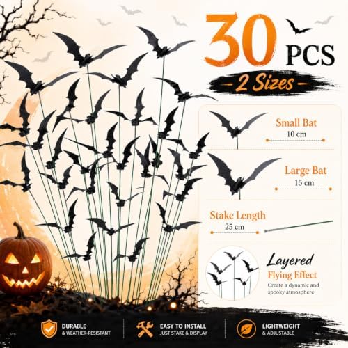 RAINFLOW 30PCS Halloween Bat Garden Stakes Outdoor Yard Spooky Decor