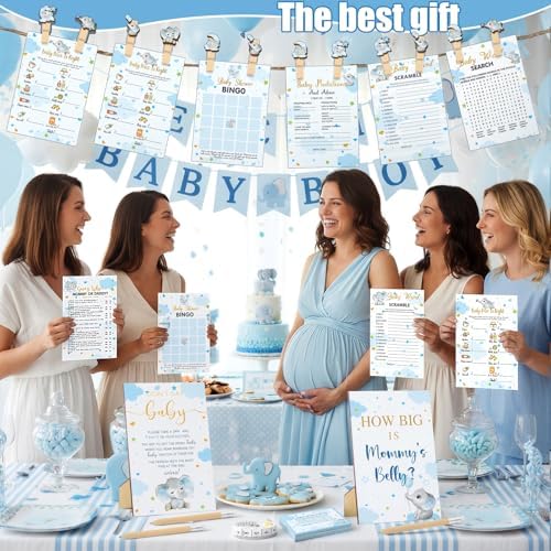 Funnymoom 426 Pcs Blue Elephant Baby Shower Games Set, 8 Activities