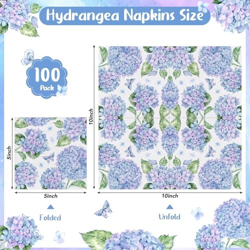 Natnarr 100 Pcs Hydrangea Napkins, 5" Blue Hydrangea Flower Cocktail Napkin