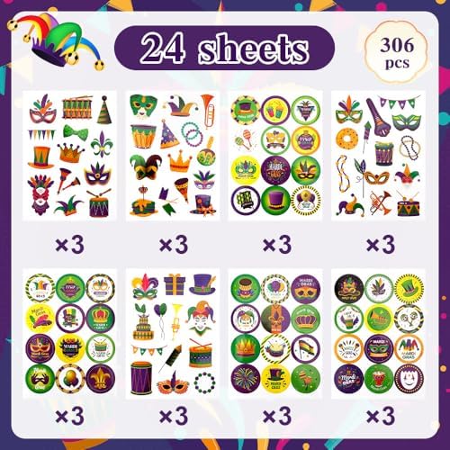 Mardi Gras Stickers, 306 PCS Happy Mardi Gras Stickers, Self-Adhesive Carnival Masquerade Decoration Sticker Clowns Crowns Mask Design Sticker for Masquerade Themed Decorations Activity Party Favors
