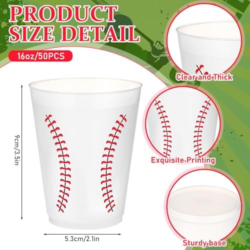 Tioncy 50 Pcs 16oz Baseball Frosted Plastic Cups, Baseball Plastic Cups, Clear PP Frosted Reusable Cup Bulk for Sports Game Party Decorations Hot Coffee Wine Cold Drinks Supplies