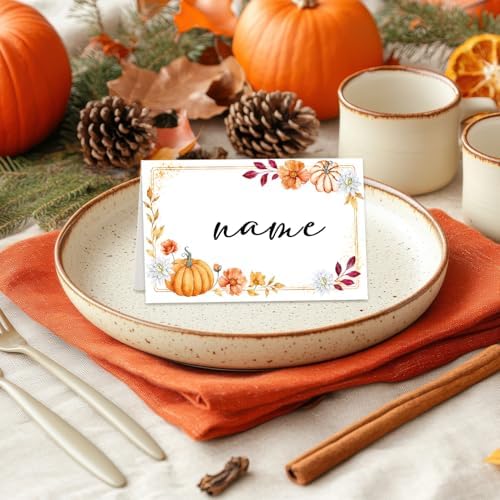 Pumpkin Place Cards for Table Setting, Tent Cards Decor For Birthday Baby Shower Thanksgiving Party Decorations, Bridal Shower Wedding Place Card, 25 Pack Birthday Food Name Card 2 x 3.5" /039