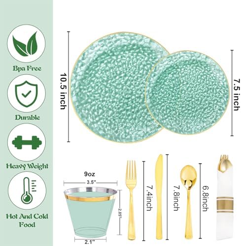 Rubtlamp 700Pcs Green Plastic Plates,Green Gold Plastic Dinnerware Set, Hammered Clear Green Plates with Gold Rim Include 100Dinner Platos,100Cake Platos,100Cups,100Pre Rolled Silverware