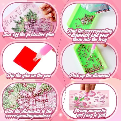 Saillong 12 Pack Pink Winter Diamond Painting Greeting Card Kits Winter Diamond Art Cards with Envelopes Snowman 5D Rhinestones Painting Making Kits for Adults DIY Craft Family Friend Holiday Gifts