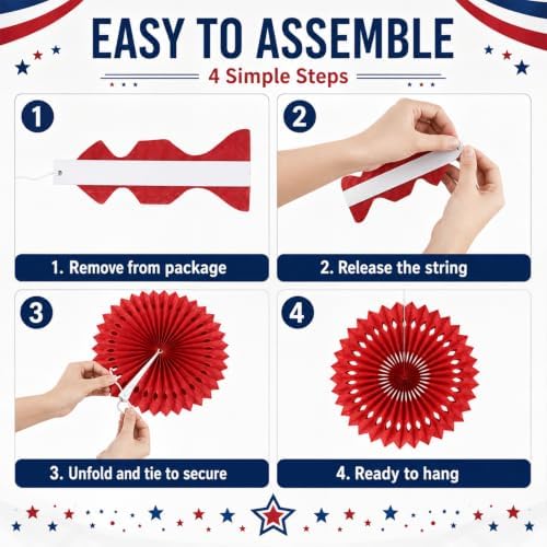 Red White Blue Hanging Honeycomb Round Paper Fans Decoration Patriotic Theme Tissue Paper Fan Garland for Shower Birthday Graduation Wedding Party Supplies 11 Count