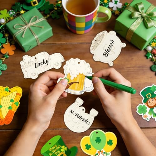 36PCS Wooden St. Patrick's Day Ornaments to Paint Shamrock Cutout Decorations,12 Styles DIY Blank Unfinished Wood Shamrock Cutouts Ornament for Tree Home Crafts Hanging, Hat Beer Gifts Indoor Spring