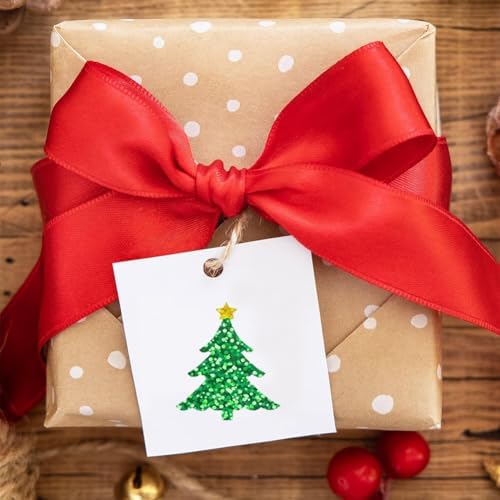 500Pcs Christmas Tree Stickers Roll - Laser Christmas Tree Shape Self-Adhesive Sealing Stickers, Green Sparkly Waterproof Decals for Christmas Party Envelope Scrapbook Decor