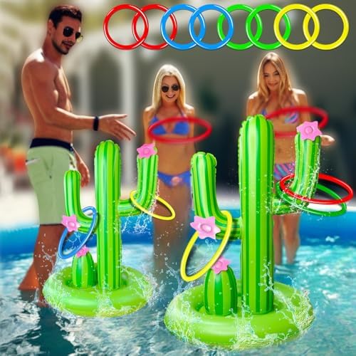 TURNMEON 2 Pack Inflatable Luau Cactus Pool Ring Toss Game Set - 8 Plastic Rings & Wider Base, Adults Summer Hawaiian Beach & Outdoor Party Supplies