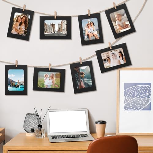 100 Pcs Paper Photo Frames 4x6 Black Picture Frame with 100 Clip 10 String Kit DIY Hanging Cardboard Photo Holder Graduation Back to School Wall Decor Wedding Home