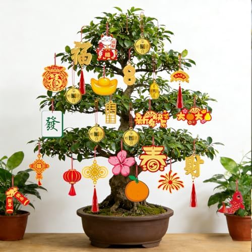 KYMY Chinese New Year Hanging Ornaments Set – 30pcs Red & Gold Lucky Decorations with Coins, Fu Charms & Lanterns, 2026 Zodiac Horse Year Spring Festival Pendants for Tree, Branch & Home Decor