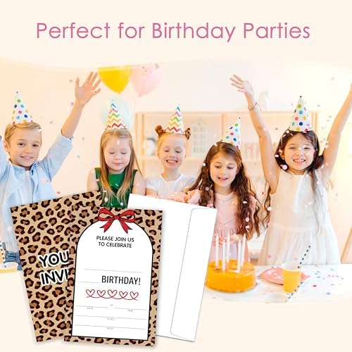 Cheetah Print Birthday Party Invitation, Red Bow Double-Sided Fill In Style Invites with Envelopes for Birthday, Coquette Style Party Invitation For Teens,Adults, Bday Party Favor & Decoration