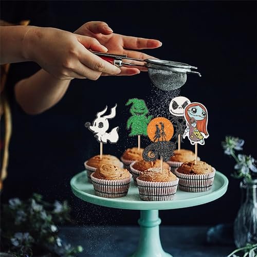 Rsstarxi 24 Pack Jack Skellington Halloween Cupcake Toppers Glitter Skull Ghost Cupcake Picks Decorations for Halloween Horrible Baby Shower Birthday Party Cake Decorations
