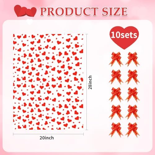 10 Sets Large Valentines Cellophane Bags(20x28 Inch) with Pull Bows Red Heart Gift Goodie Basket Stocking Stuffers Wrap Valentine Day Galentines Party Decorations Favors Supplies Holiday Baggies