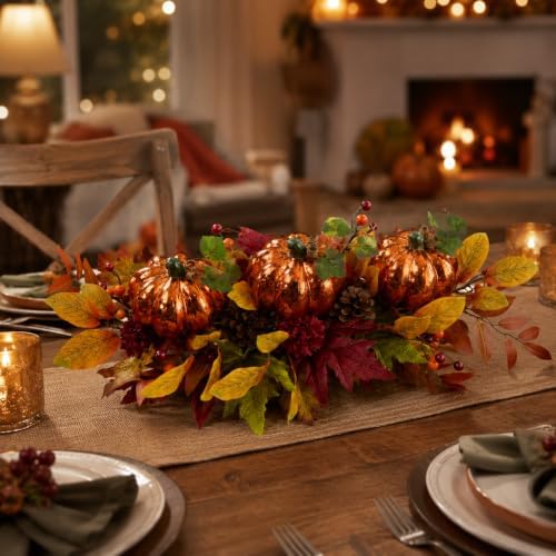 LED Lighted Pumpkin Fall Centerpiece with Maple Leaves, Berries & Pinecones - Battery Operated Thanksgiving Table Decor for Home, Mantel, or Dining