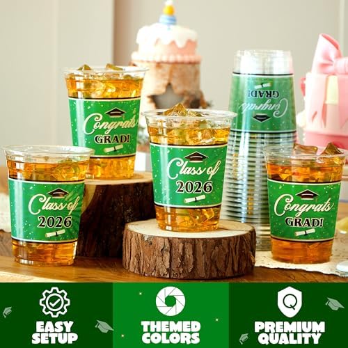 JOYIN 100 Pcs 16oz Graduation Party Plastic Cups (Green), PET Cup Tableware Bulk for Class of 2026 Graduates, Disposable Cups for 2026 High School College Graduation School Festivities Party Supplies