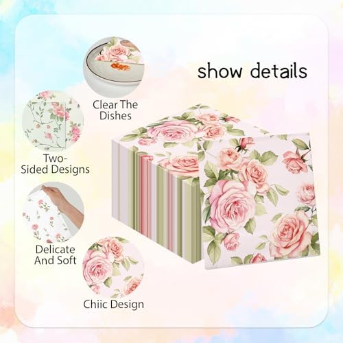 50Pcs Vintage Rose Paper Napkins -2Ply, 6.5×6.5 Inches