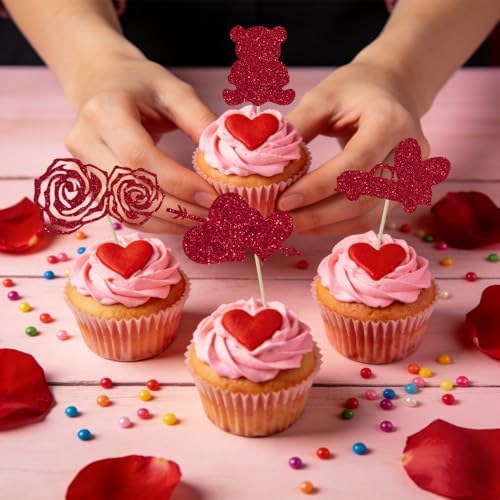 Valentines Cupcake Toppers, 24 PCS Happy Valentines Cupcake Toppers, Glitter Red Heart Love Bear Cupcake Picks Food Picks Toppers Cake Decorations for Valentine's Day Party Decorations Supplies