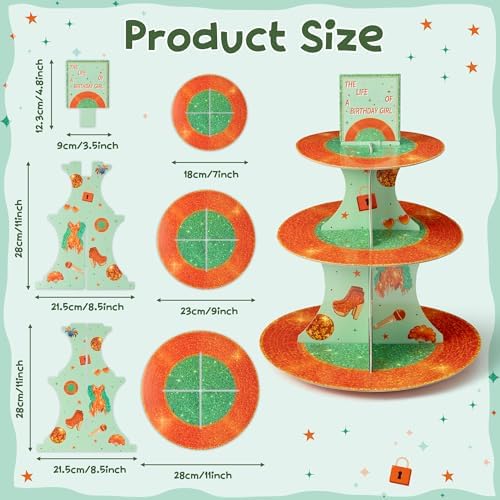 Happy Birthday Cupcake Stand - 3 Tier The Life of A Birthday Girl Dessert Holder Girl's Birthday Party Cardboard Cake Stand Orange Glitter Cupcake Display for Girls Women Party Decorations