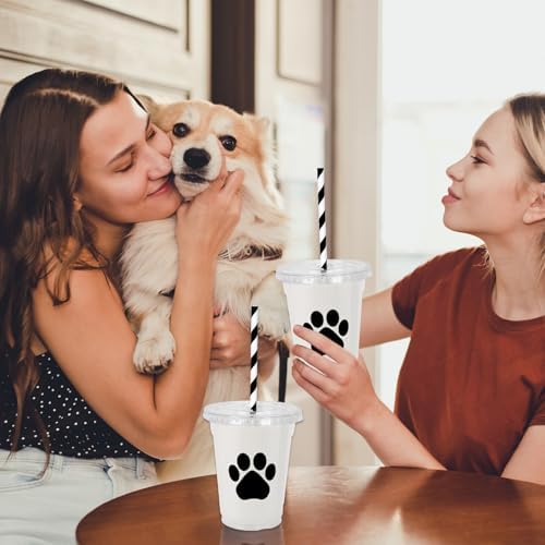Whaline 50Pcs Paw Print Disposable Plastic Cups with Lids and Straws 12oz Dog Party Cups Black Cold Beverage Drinking Cups for Puppy Birthday Baby Shower Party Supplies