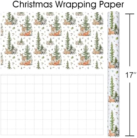 MAYPLUSS Christmas Wrapping Paper Roll - 17 In x 33 Feet - Cute Watercolor Christmas Tree Reindeer Rabbit Squirrel Gift Wrap Paper for New Year, Holiday, Kids