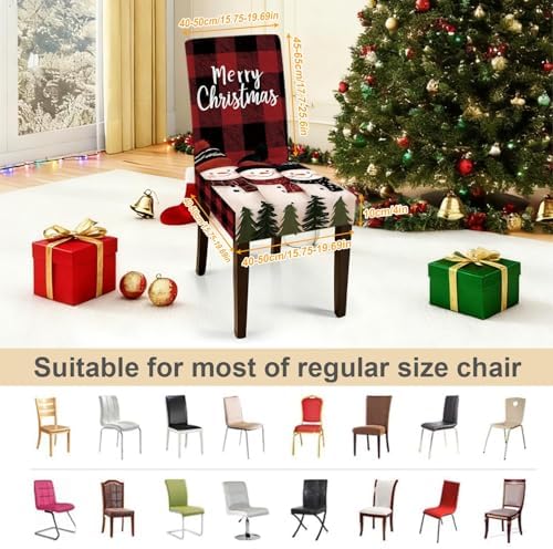 Merry Christmas Snowman Chair Covers Set of 4, Stretchable Dining Chair Slipcovers with Red Plaid and Christmas Trees for Holiday Decor