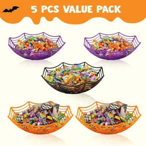 JOYIN 5 Pcs Halloween Candy Bowl Spider Web Trick or Treat Dish Decorations Indoor, Plastic Bowl Party Favors Supplies for Table Desk Haunted House Basket Decor