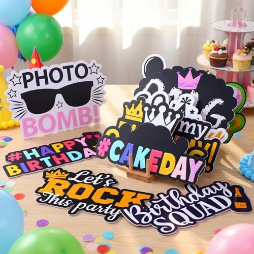 Beeveer 24 Pcs Birthday Photo Booth Props Single Sided 9" Photo Booth Props