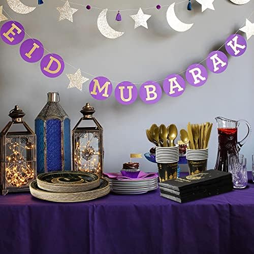 Ramadan Party Supplies Decorations for Home Serve 25, Eid Mubarak Ramadan Black and Gold Plates and Napkins Set, Disposable Paper Plates Napkins Cups Knives Spoons Forks for Ramadan Party Decorations