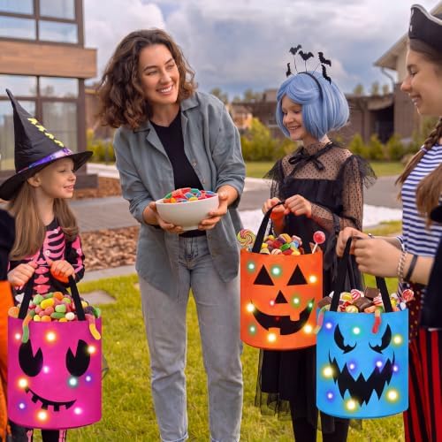 Sadnyy 3 Pcs Halloween Trick or Treat Bag Light Up,Orange,Pink,Blue