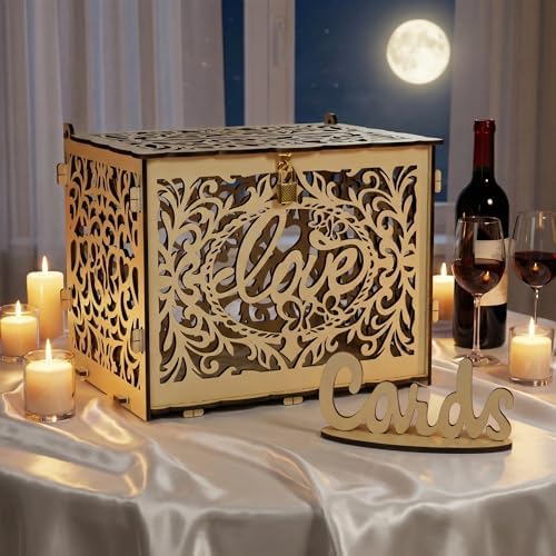 Jolik DIY Wedding Card Box, Large Rustic Locking Money Box Holder for Wedding Reception, Gift Card & Envelope Storage, Anniversary & Birthday Party Decoration (Yellow)