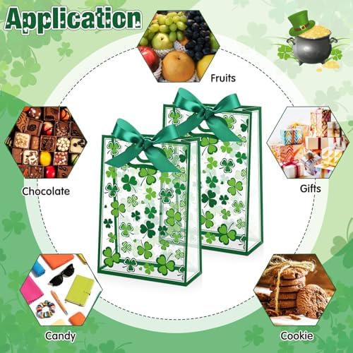 Capoda 24 Pack St Patrick's Day Shamrock Gift Bags with Handles Clover Party Favor Bag Reusable Plastic St Patricks Goodie Bags, 10x7x3 Inch Lucky Clover Treat Bag for Holiday Party Supplies