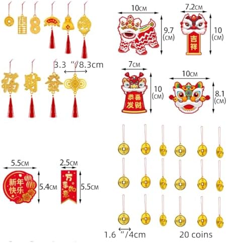 KYMY Chinese New Year Hanging Ornaments Set – 59pcs Red & Gold Lucky Decorations with Coins, Fu Charms & Lanterns, 2026 Zodiac Horse Year Spring Festival Pendants for Tree, Branch & Home Decor