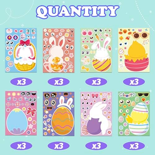 OHOME Easter Basket Stuffers - 24 Sheets Easter Crafts Stickers for Kids | DIY Happy Egg Bunny Easter Gifts Treats Games Toys Activities Decor Party Favor Supplies for Toddlers