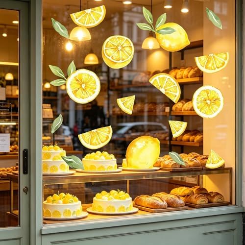4 Sheets Static Cling Summer Lemon Window Clings 112 Pcs Cute Reusable PVC Window Stickers No Adhesive Removable Fruit Decals for Kitchen Glass Door Cabinet Refrigerator Home Decor