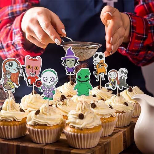 40 Pack Halloween Cupcake Toppers Skull Ghost Jack and Sally Cupcake Picks for Scary Christmas Halloween Anniversary Birthday Cake Decorations Party Supplies