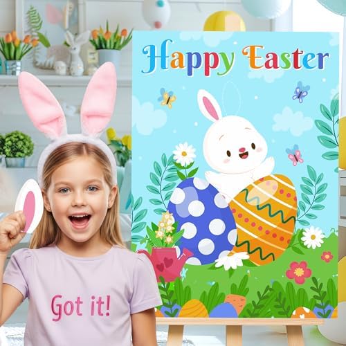Pin The Ears on The Bunny Game for Kids, Happy Easter Rabbit Poster with 24Pcs Stickers Fun Family School Classroom Activities Spring Holiday Egg Hunt Birthday Party Decoration Supplies Wall Decor