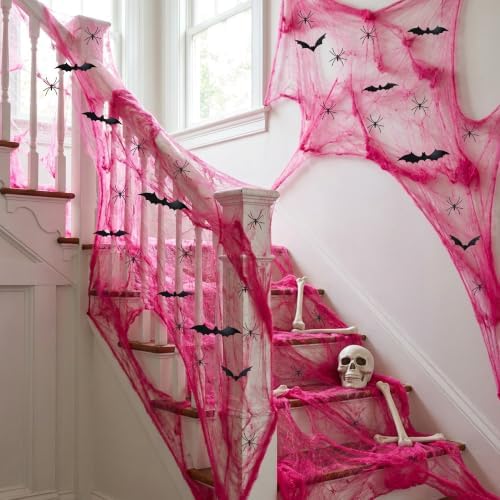 1100 Sqft Rose Red Halloween Spider Web Decor with 60 Fake Spiders 12 Bats