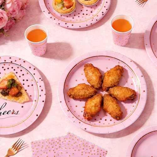 168Pcs Pink and Gold Paper Plates and Napkins Party Supplies for 24 Guest