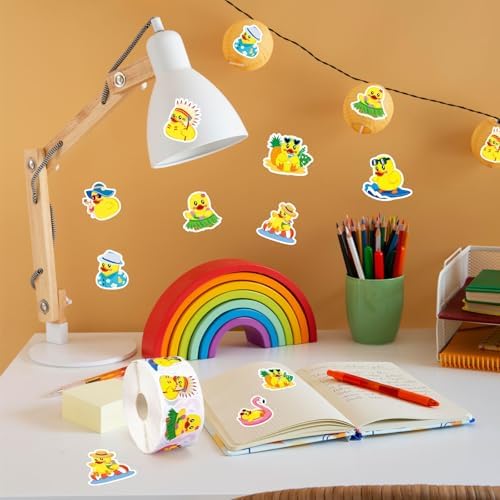 Whaline 1000Pcs Summer Hawaiian Rubber Duck Roll Stickers Self-Adhesive Summer Luau Yellow Duck Label Decals for Envelope Water Bottle Scrapbook Decor Tropical Birthday Party Supplies