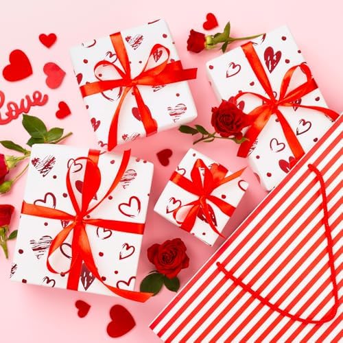 Foil Hearts Wrapping Paper Roll, Sliver Red Heart Mini Roll 17inx16.5ft-Luxury Gift Wrap for Valentine's Day,Anniversary, Mom's Mother Birthday, Wedding Party Bridal, Holiday,Wife,Girlfriend,Women