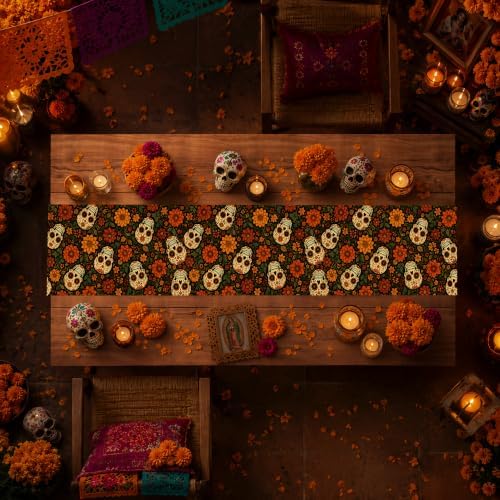 Dia De Los Muertos Decorations - Sugar Skull Marigold Table Runner