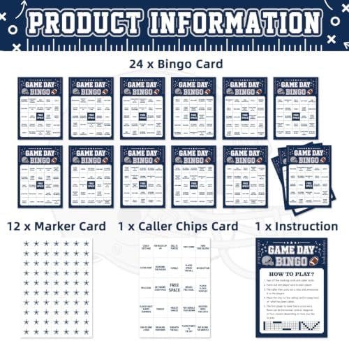 Football Bingo Game Cards - 24 Sheets, Blue