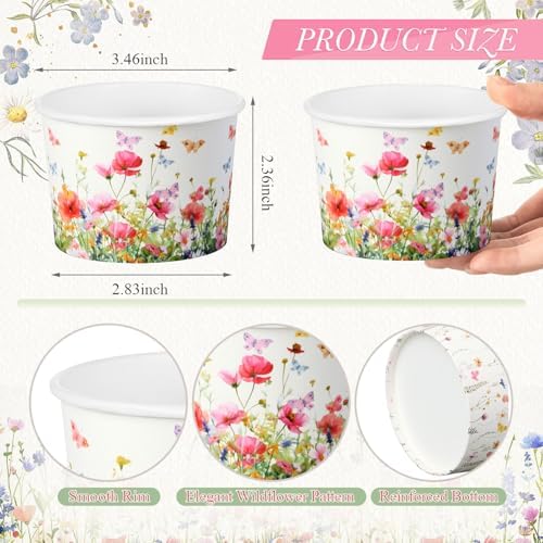 Maxdot 50 Pcs Wildflower Ice Cream Paper Cups 9oz Spring Disposable Snack Cups Decorative Butterfly Paper Dessert Bowls Party Supplies for Yogurt, Cupcakes, Soup Hot Cold Food