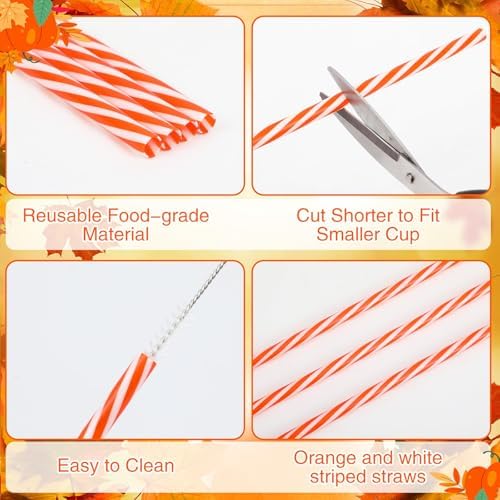 JANYUN 30 Pcs Reusable Orange and White Striped Straws with Cleaning Brush