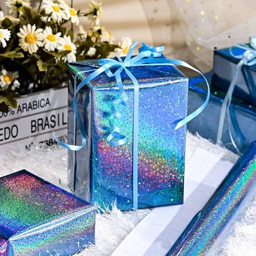 Burymento Blue Wrapping Paper Roll, Metallic Holographic Star Gift Wrap for Birthday, Valentines, Mothers day, Graduation, Wedding, Fathers day, Baby Shower, Christmas (17 IN x 32.8 FT)