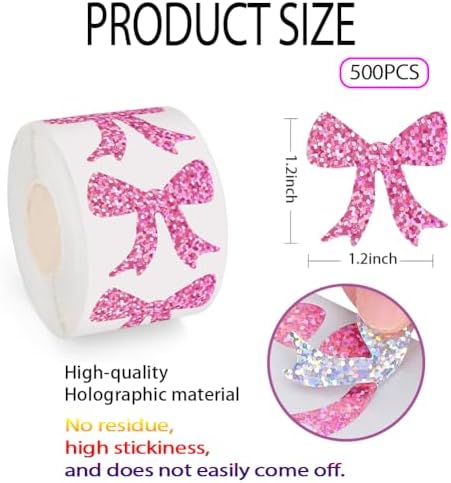 500Pcs Holographic Bowknot Stickers for Kids 1.2in Laser Waterproof Decals Pink Bowknot Self-Adhesive Sticker Rolls for Bottle Scrapbook Journal Envelope Decorations