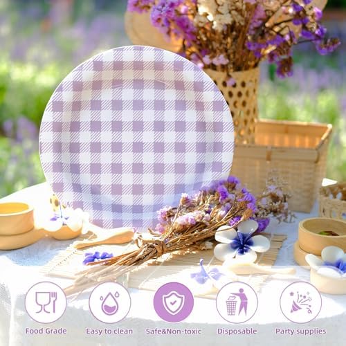 Vyntra 50 Pcs Lavender Gingham 7 Inch Round Paper Dessert Plates