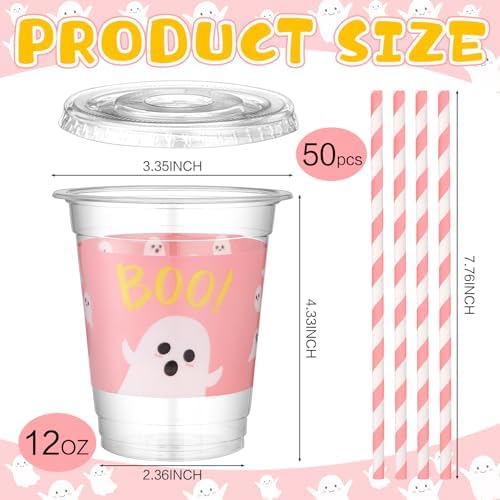 Jingmore 50 Pcs Pink Halloween Ghost Plastic Clear Cups with Lids Straws