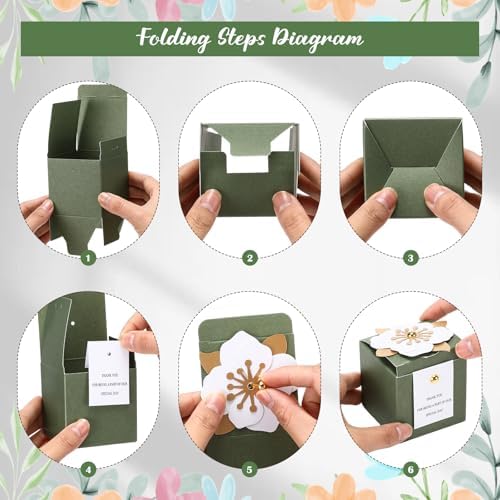 Affrolling 50 Pcs Wedding Favor Boxes with Thanks Card Square Flower Candy Boxes Paper Bridal Gift Box for Guests Wedding Bridal Shower Birthday Party Anniversary(Green)